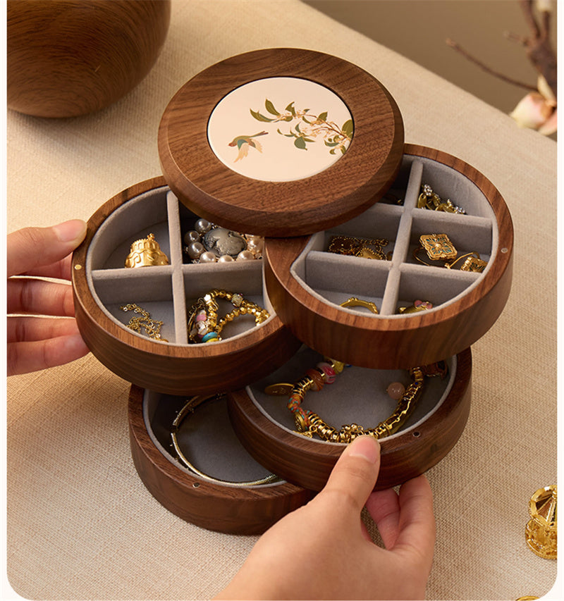 Rotating 4-Tier Walnut Wood Jewelry Box Vintage  Jewelry Organizer Storage Case,for Women Gift