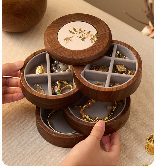 Rotating 4-Tier Walnut Wood Jewelry Box Vintage  Jewelry Organizer Storage Case,for Women Gift