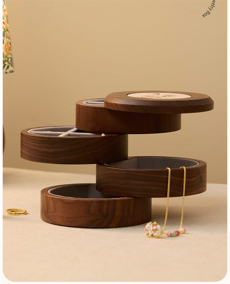 Rotating 4-Tier Walnut Wood Jewelry Box Vintage  Jewelry Organizer Storage Case,for Women Gift