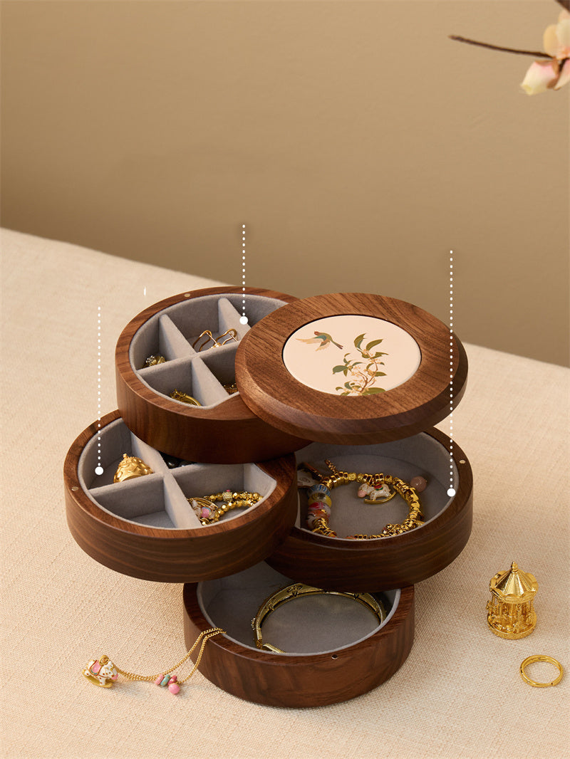 Rotating 4-Tier Walnut Wood Jewelry Box Vintage  Jewelry Organizer Storage Case,for Women Gift
