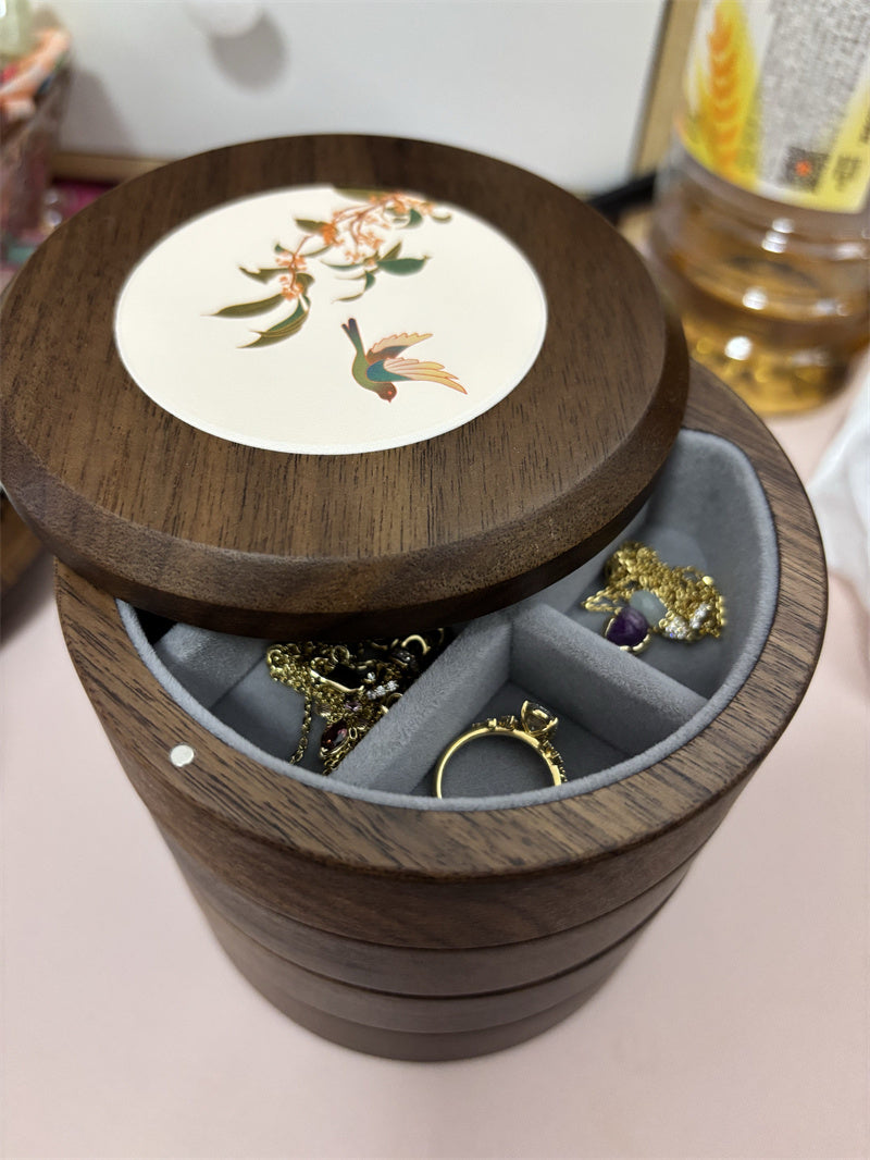 Rotating 4-Tier Walnut Wood Jewelry Box Vintage  Jewelry Organizer Storage Case,for Women Gift