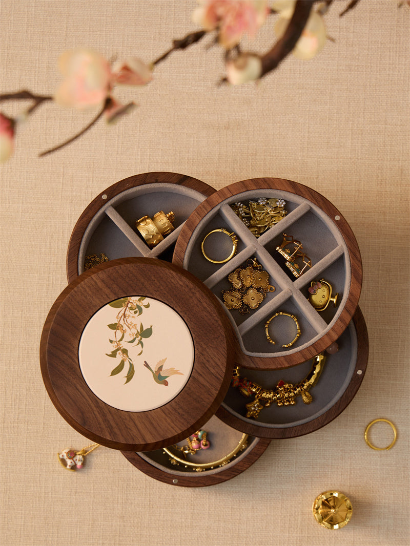 Rotating 4-Tier Walnut Wood Jewelry Box Vintage  Jewelry Organizer Storage Case,for Women Gift