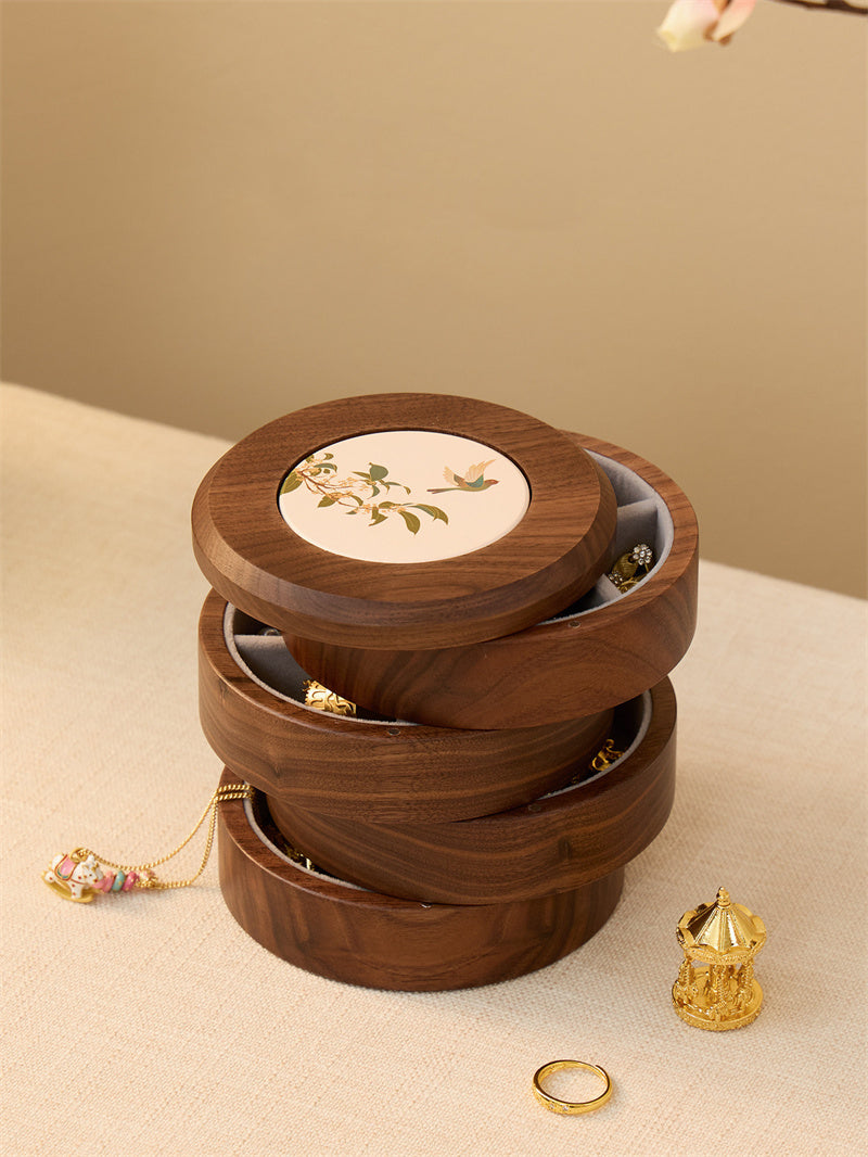 Rotating 4-Tier Walnut Wood Jewelry Box Vintage  Jewelry Organizer Storage Case,for Women Gift