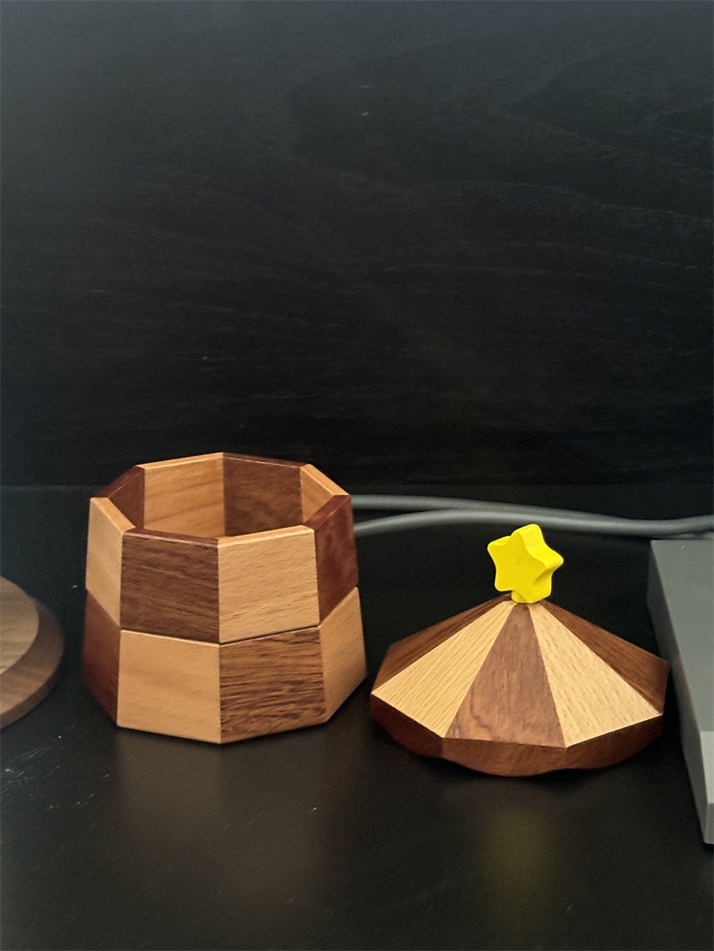 Rotating Carousel Wooden Jewelry Trinket Box, Multi‑Layer Octagonal Desk Organizer,Cute Star‑Knob Lid, Small Item Storage for Home Office
