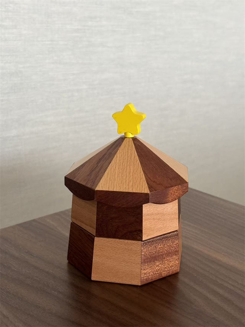 Rotating Carousel Wooden Jewelry Trinket Box, Multi‑Layer Octagonal Desk Organizer,Cute Star‑Knob Lid, Small Item Storage for Home Office
