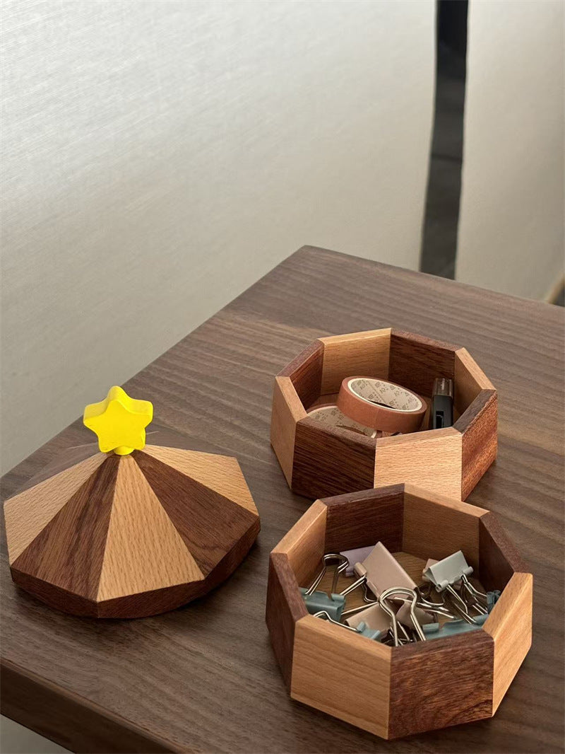 Rotating Carousel Wooden Jewelry Trinket Box, Multi‑Layer Octagonal Desk Organizer,Cute Star‑Knob Lid, Small Item Storage for Home Office