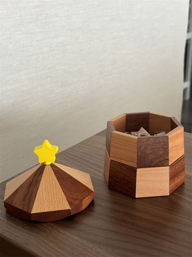 Rotating Carousel Wooden Jewelry Trinket Box, Multi‑Layer Octagonal Desk Organizer,Cute Star‑Knob Lid, Small Item Storage for Home Office