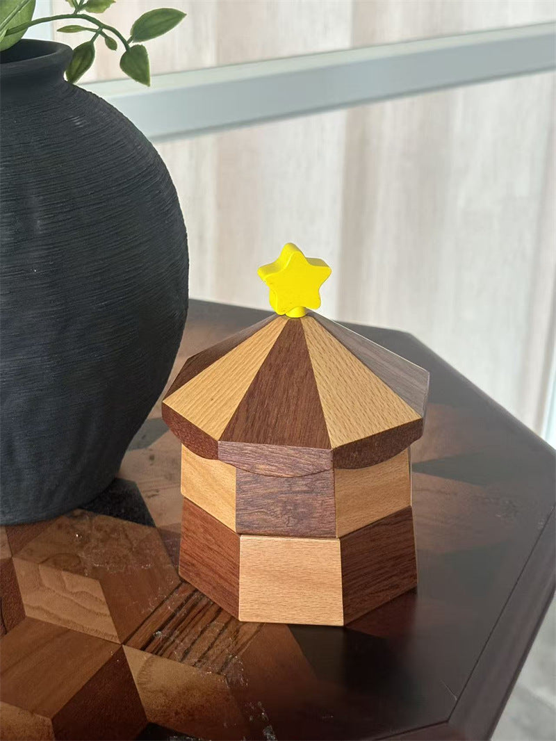 Rotating Carousel Wooden Jewelry Trinket Box, Multi‑Layer Octagonal Desk Organizer,Cute Star‑Knob Lid, Small Item Storage for Home Office