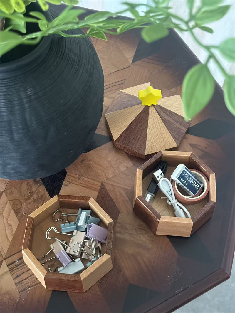 Rotating Carousel Wooden Jewelry Trinket Box, Multi‑Layer Octagonal Desk Organizer,Cute Star‑Knob Lid, Small Item Storage for Home Office