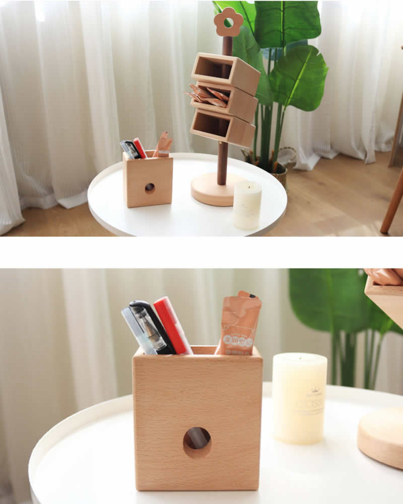 Rotating Solid Wood Multiple Pen Holder 360° Swivel Desk Organizer for Office Home School Decor Gift