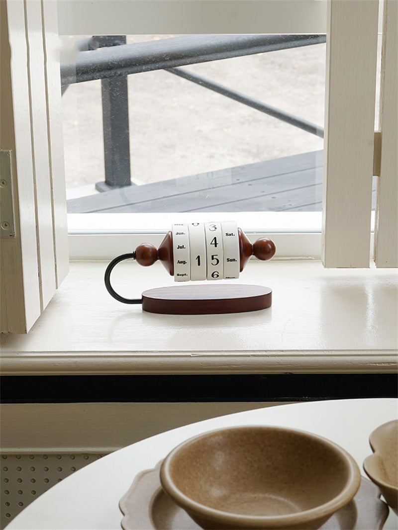Rotating Wooden Perpetual Calendar - Vintage Style Desktop Date Organizer
