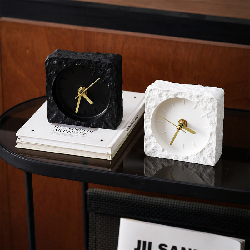 Rough Rock Texture Solid Square Desk Clock, Minimalist Silent Non-Ticking No Number Table Clock, for Home & Office ,Bedroom ,Living Room