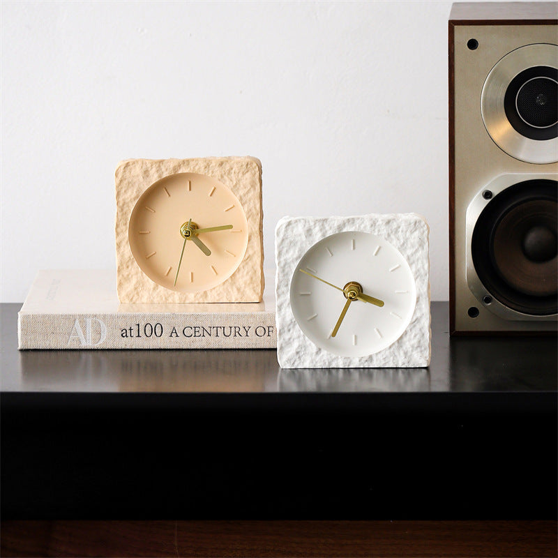 Rough Rock Texture Solid Square Desk Clock, Minimalist Silent Non-Ticking No Number Table Clock, for Home & Office ,Bedroom ,Living Room