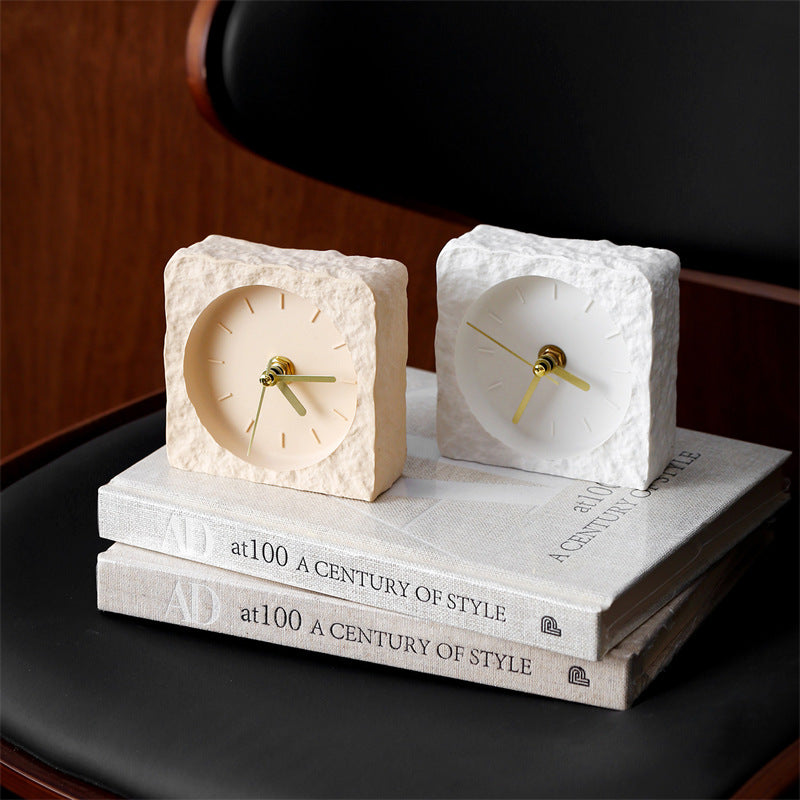 Rough Rock Texture Solid Square Desk Clock, Minimalist Silent Non-Ticking No Number Table Clock, for Home & Office ,Bedroom ,Living Room
