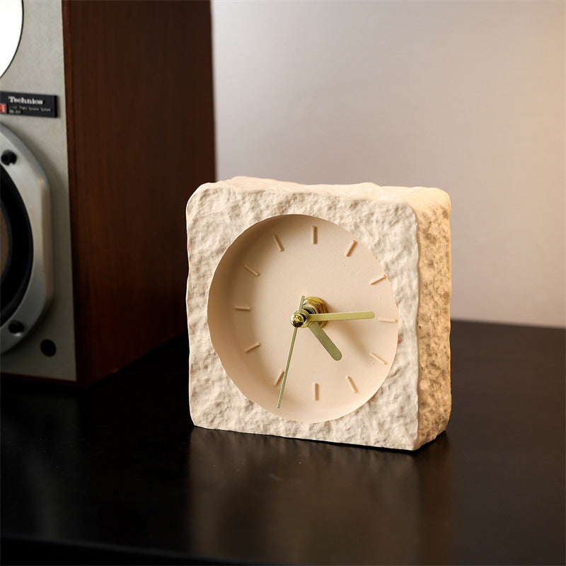 Rough Rock Texture Solid Square Desk Clock, Minimalist Silent Non-Ticking No Number Table Clock, for Home & Office ,Bedroom ,Living Room