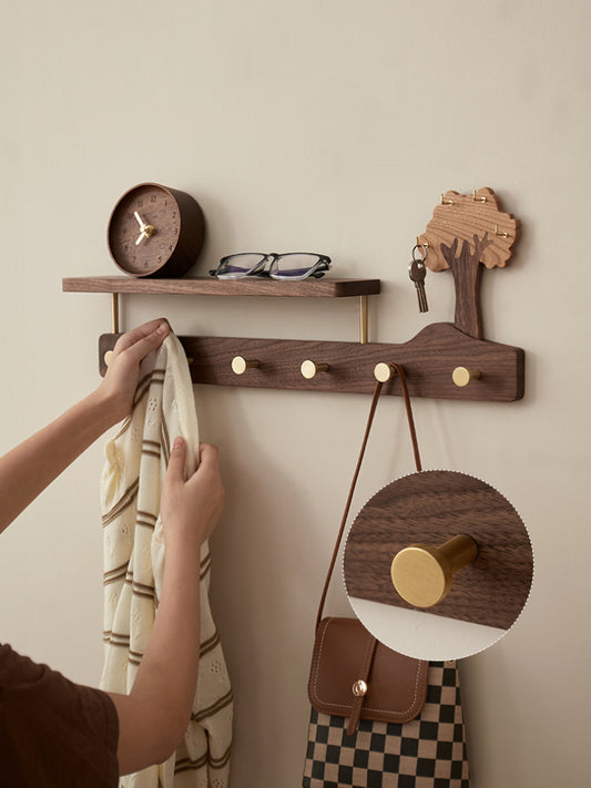 Rustic Tree Wall Organizer - Wooden Shelf with Storage Tray & Brass Hooks