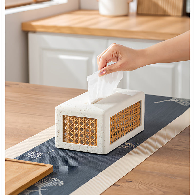 Sandstone - Based Tissue Box with Rattan Weaving, Minimalist Decorative Tissue Holder