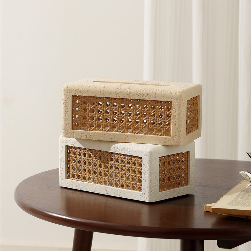 Sandstone - Based Tissue Box with Rattan Weaving, Minimalist Decorative Tissue Holder