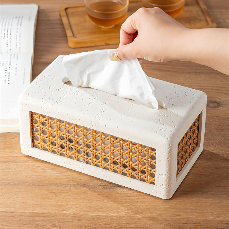 Sandstone - Based Tissue Box with Rattan Weaving, Minimalist Decorative Tissue Holder