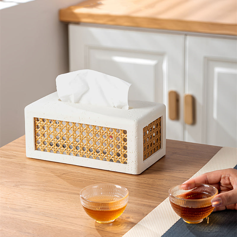 Sandstone - Based Tissue Box with Rattan Weaving, Minimalist Decorative Tissue Holder