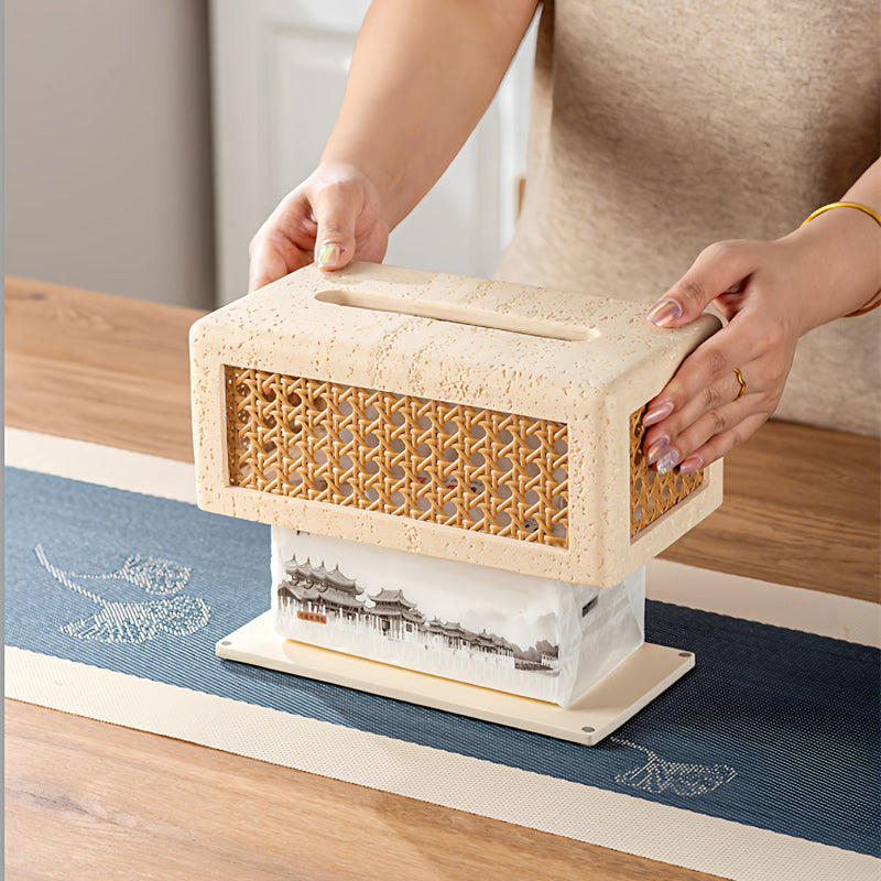Sandstone - Based Tissue Box with Rattan Weaving, Minimalist Decorative Tissue Holder