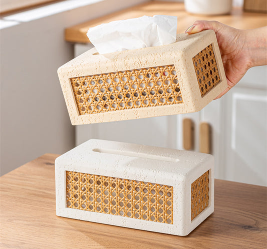Sandstone - Based Tissue Box with Rattan Weaving, Minimalist Decorative Tissue Holder