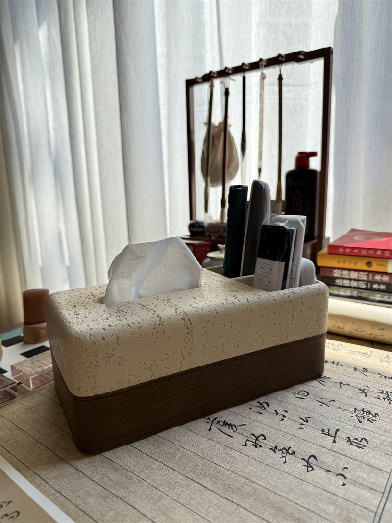 Sandstone & Wood Texture Tissue Box with Remote Control Holder, Minimalist Home Organizer