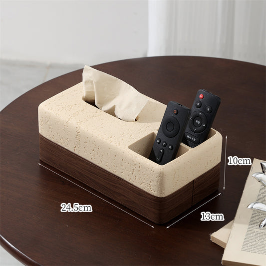 Sandstone & Wood Texture Tissue Box with Remote Control Holder, Minimalist Home Organizer