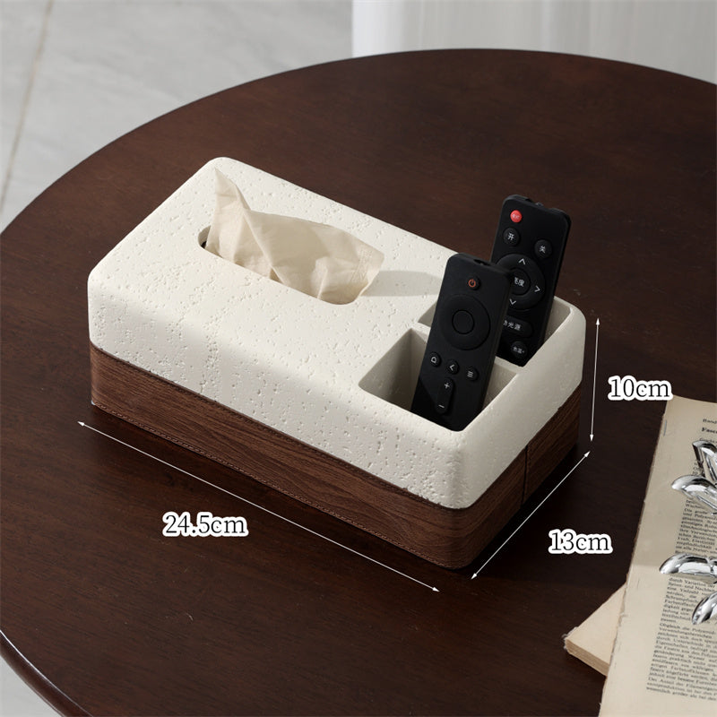 Sandstone & Wood Texture Tissue Box with Remote Control Holder, Minimalist Home Organizer