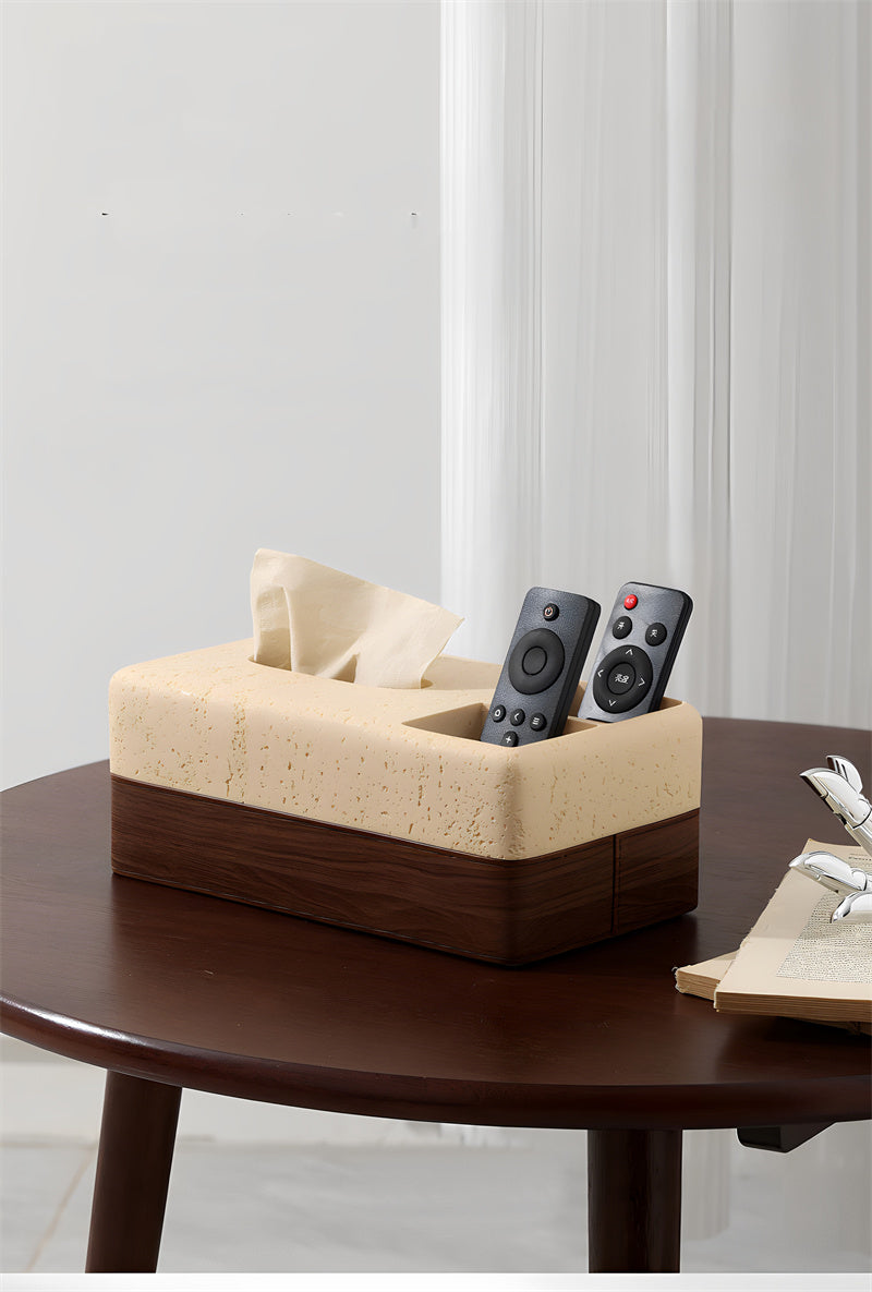 Sandstone & Wood Texture Tissue Box with Remote Control Holder, Minimalist Home Organizer