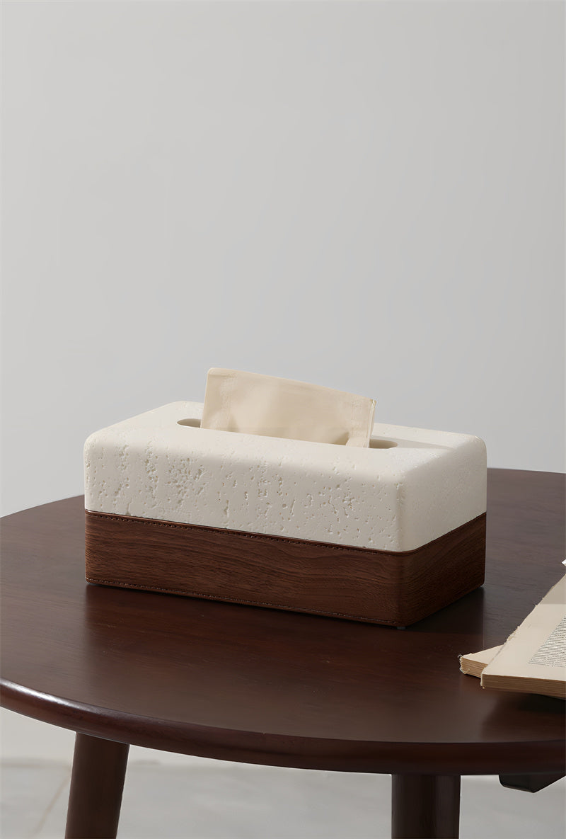 Sandstone & Wood Texture Tissue Box with Remote Control Holder, Minimalist Home Organizer