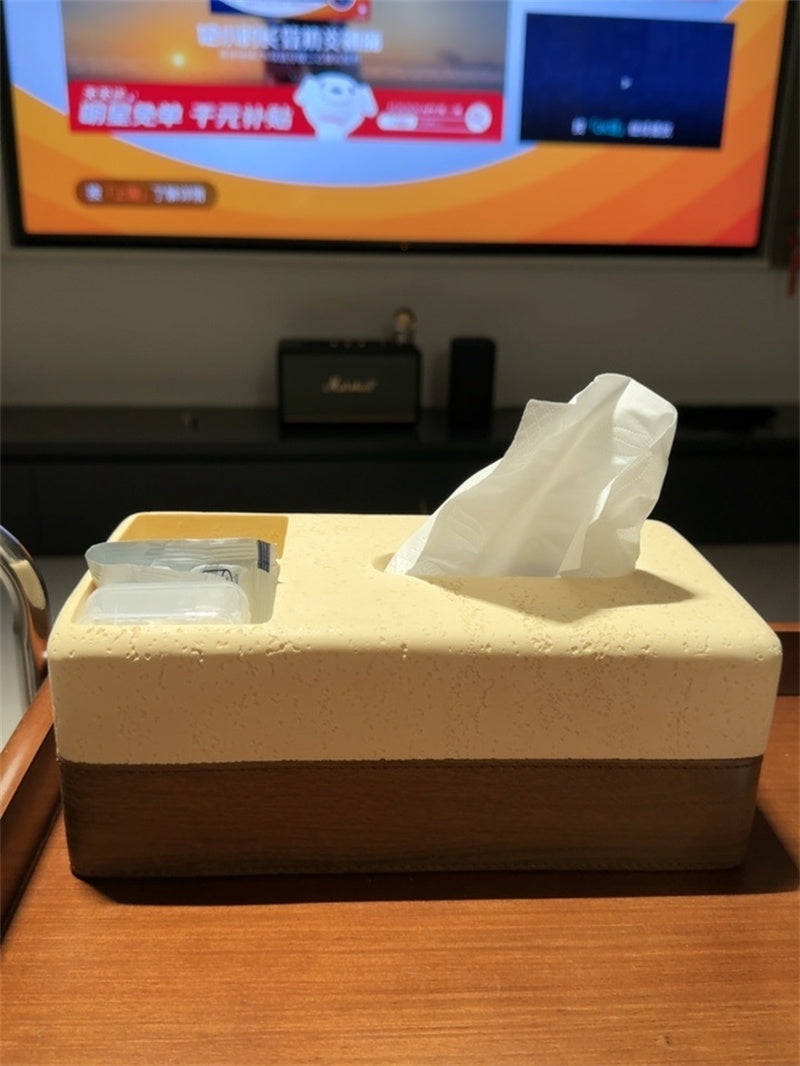 Sandstone & Wood Texture Tissue Box with Remote Control Holder, Minimalist Home Organizer