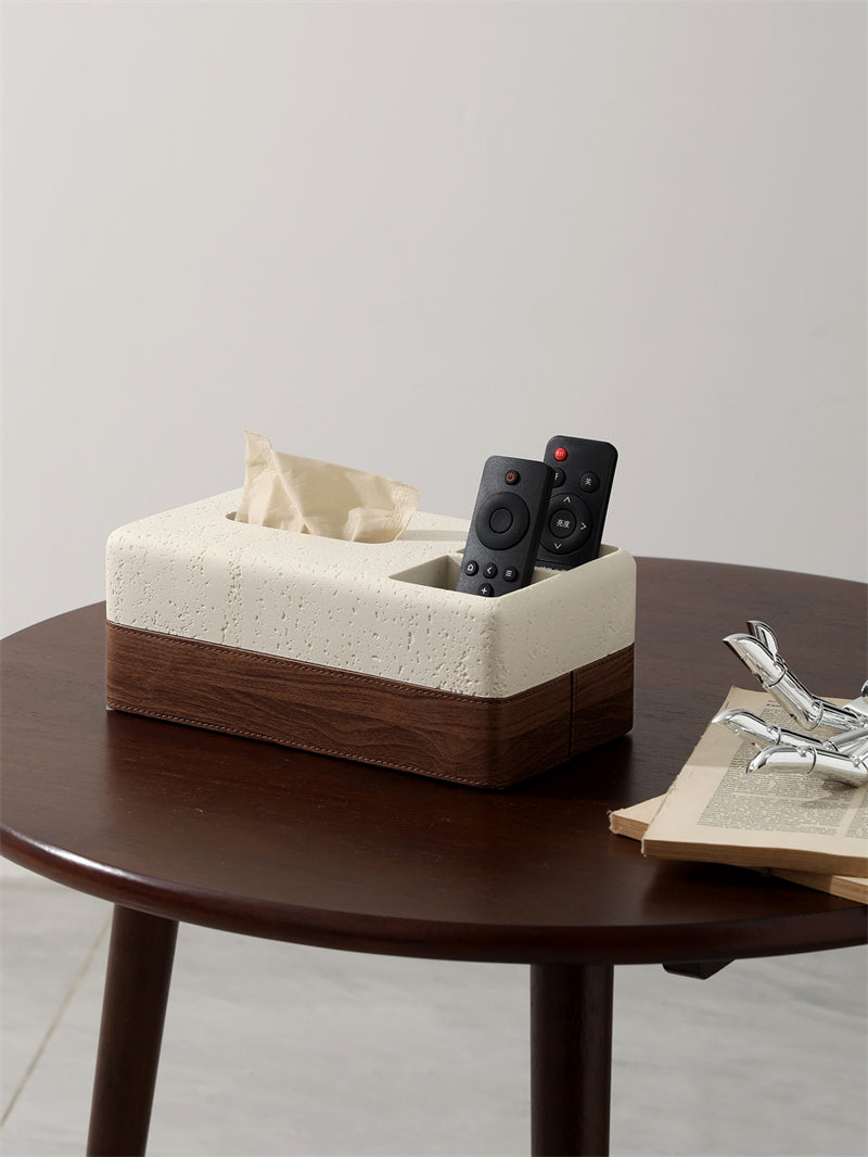 Sandstone & Wood Texture Tissue Box with Remote Control Holder, Minimalist Home Organizer