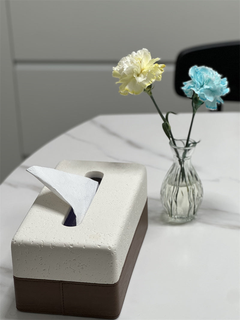 Sandstone & Wood Texture Tissue Box with Remote Control Holder, Minimalist Home Organizer