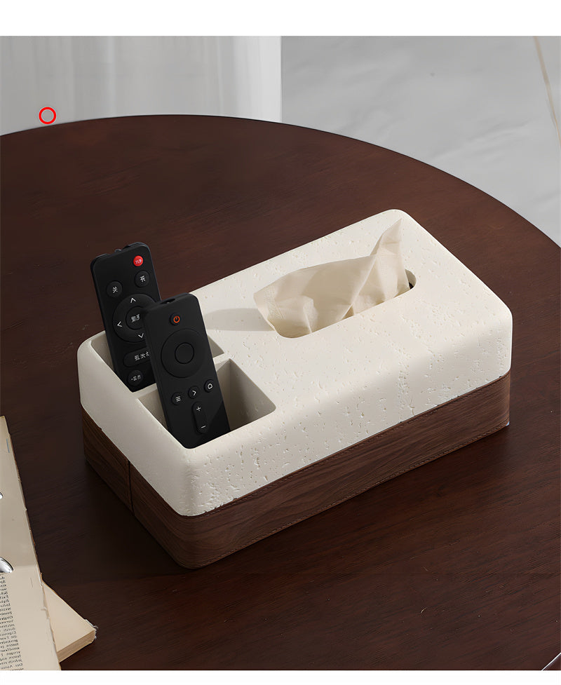 Sandstone & Wood Texture Tissue Box with Remote Control Holder, Minimalist Home Organizer