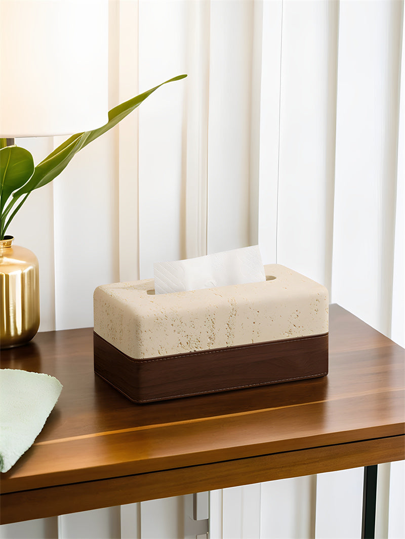 Sandstone & Wood Texture Tissue Box with Remote Control Holder, Minimalist Home Organizer