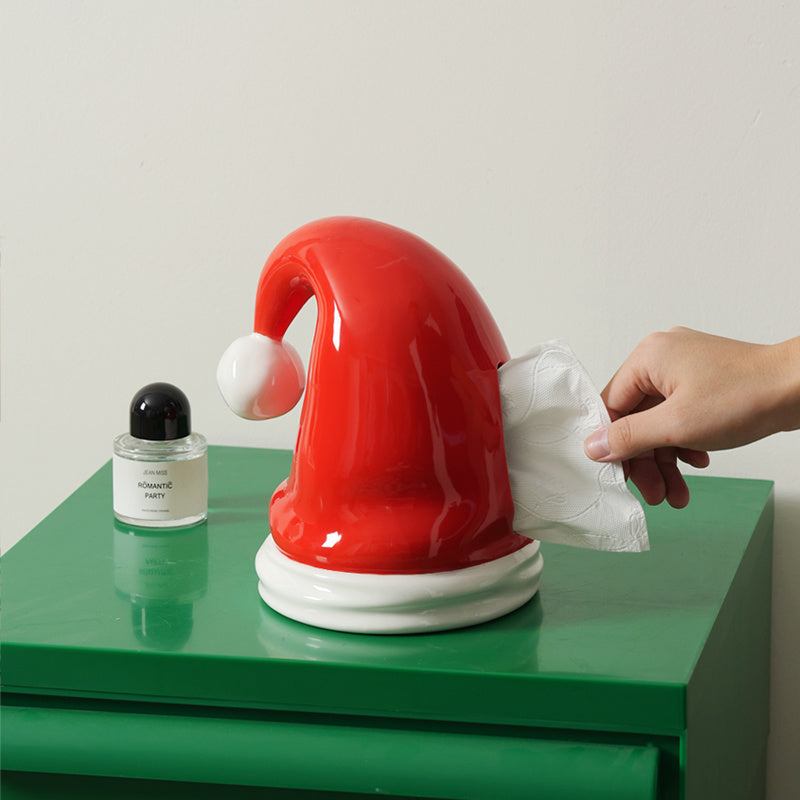 Santa Hat Ceramic Tissue Box - Christmas Festive Decorative Tissue Holder for Holiday Home & Living Room