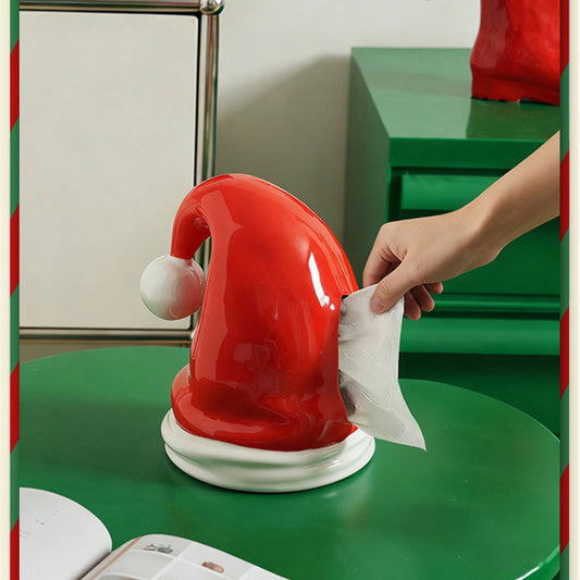 Santa Hat Ceramic Tissue Box - Christmas Festive Decorative Tissue Holder for Holiday Home & Living Room
