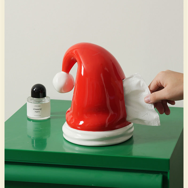 Santa Hat Ceramic Tissue Box - Christmas Festive Decorative Tissue Holder for Holiday Home & Living Room