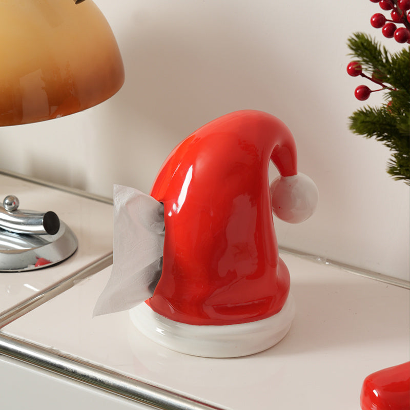 Santa Hat Ceramic Tissue Box - Christmas Festive Decorative Tissue Holder for Holiday Home & Living Room
