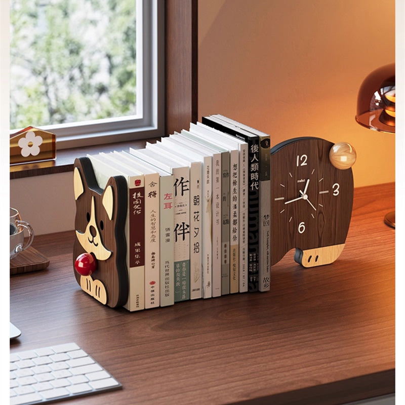 Sapele Wood Cartoon Corgi Desk Bookend , with Table Clock