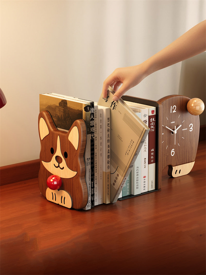 Sapele Wood Cartoon Corgi Desk Bookend , with Table Clock