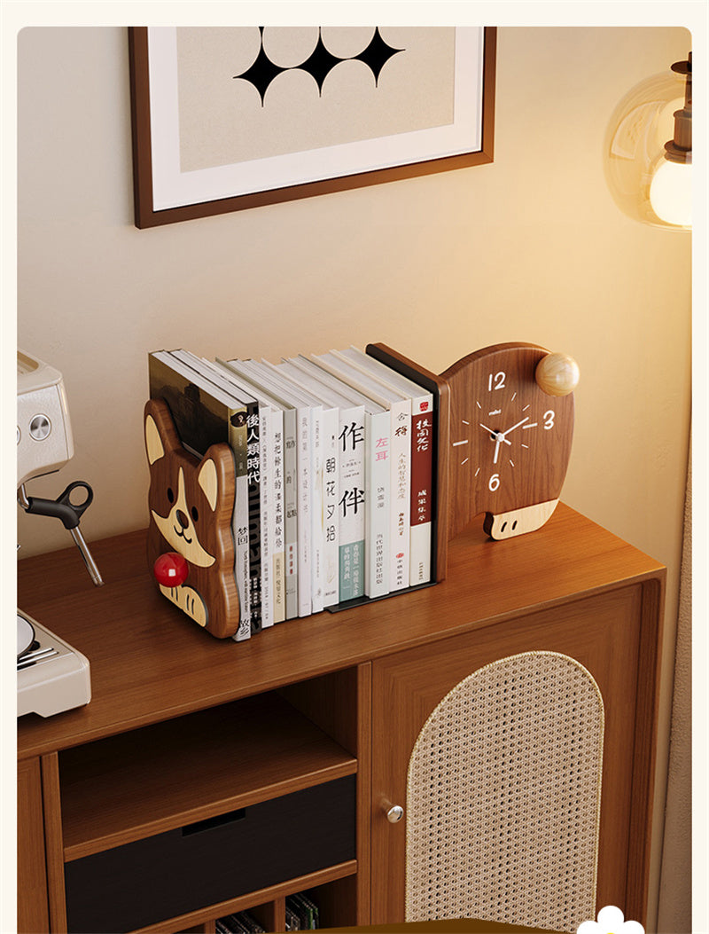 Sapele Wood Cartoon Corgi Desk Bookend , with Table Clock