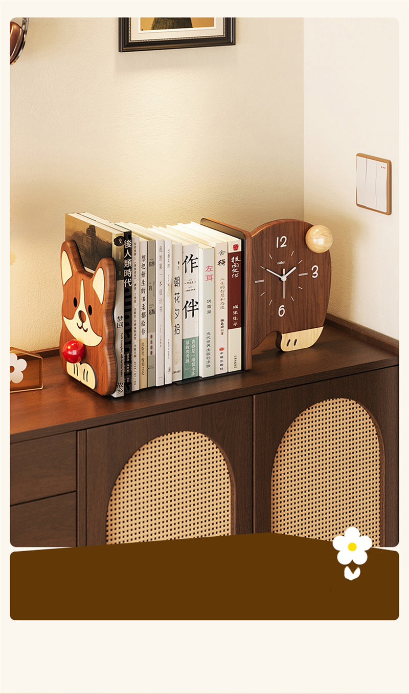 Sapele Wood Cartoon Corgi Desk Bookend , with Table Clock