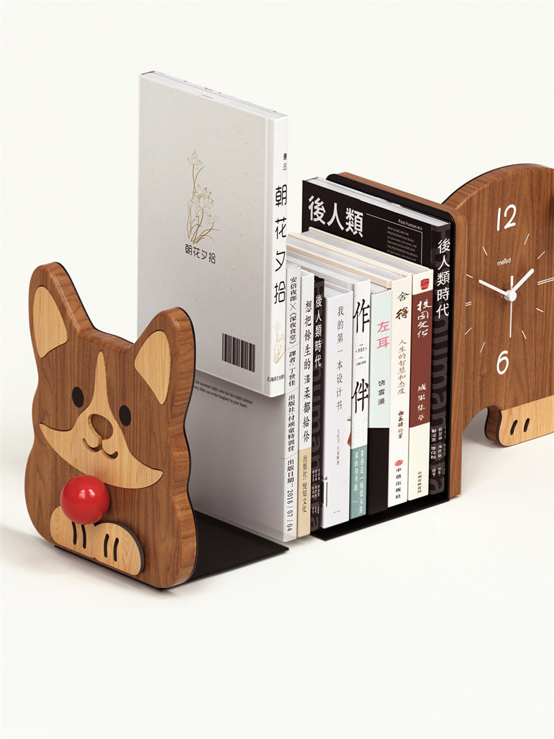 Sapele Wood Cartoon Corgi Desk Bookend , with Table Clock