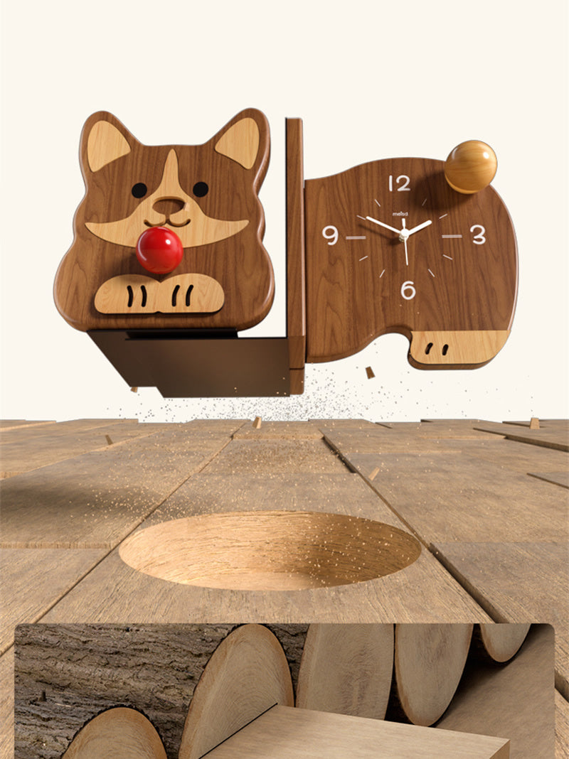 Sapele Wood Cartoon Corgi Desk Bookend , with Table Clock