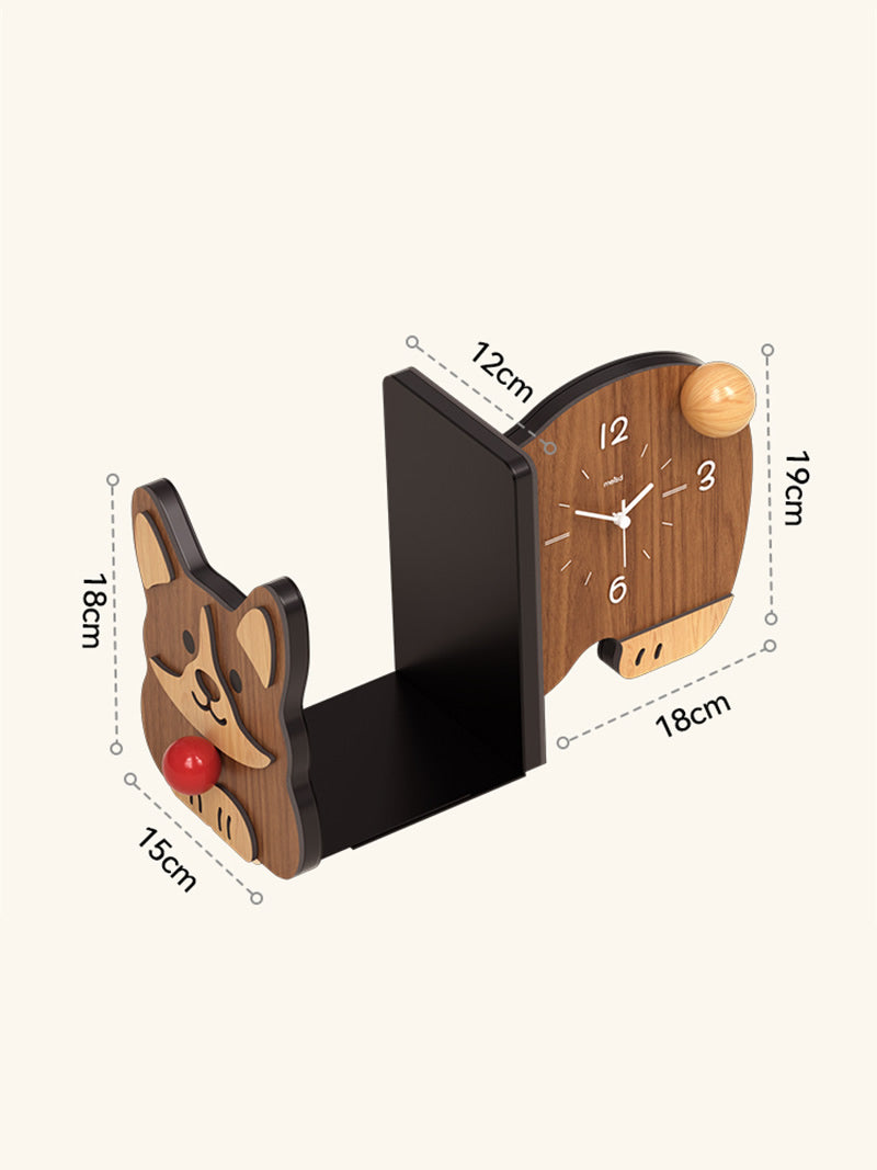 Sapele Wood Cartoon Corgi Desk Bookend , with Table Clock