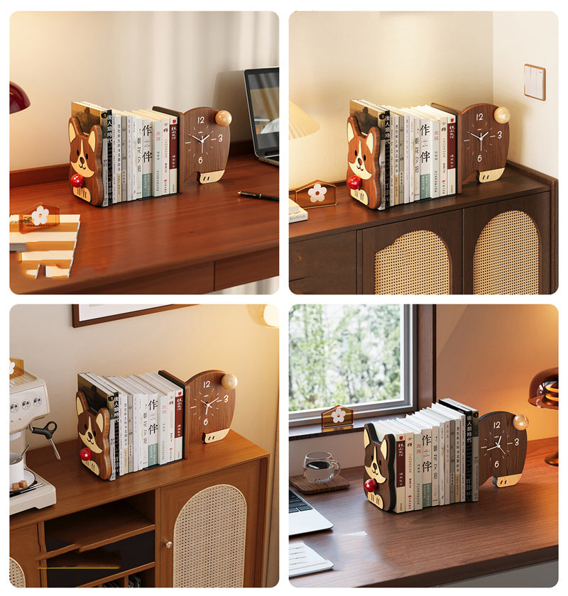 Sapele Wood Cartoon Corgi Desk Bookend , with Table Clock