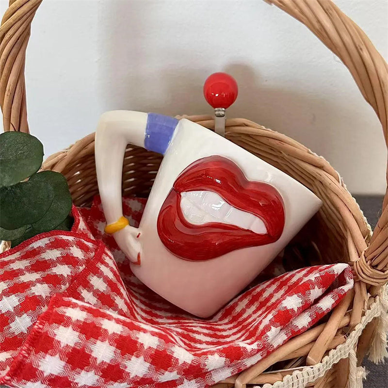Seductive Lips Ceramic Mug - Bold & Playful Coffee Cup with Full Red Lips Design