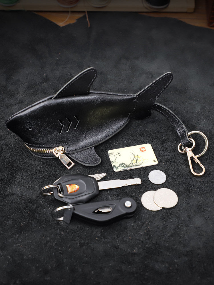 Shark-Shaped Genuine Leather Key Pouch with Keychain,Backpack Charm